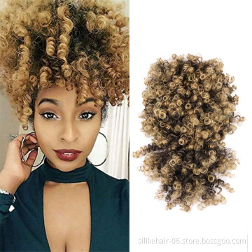 Dark Brown Black Short Drawstring Ponytail Puff Hair Pieces Afro Kinky Curly Chignon Bun With Bangs Synthetic Hair Extensions